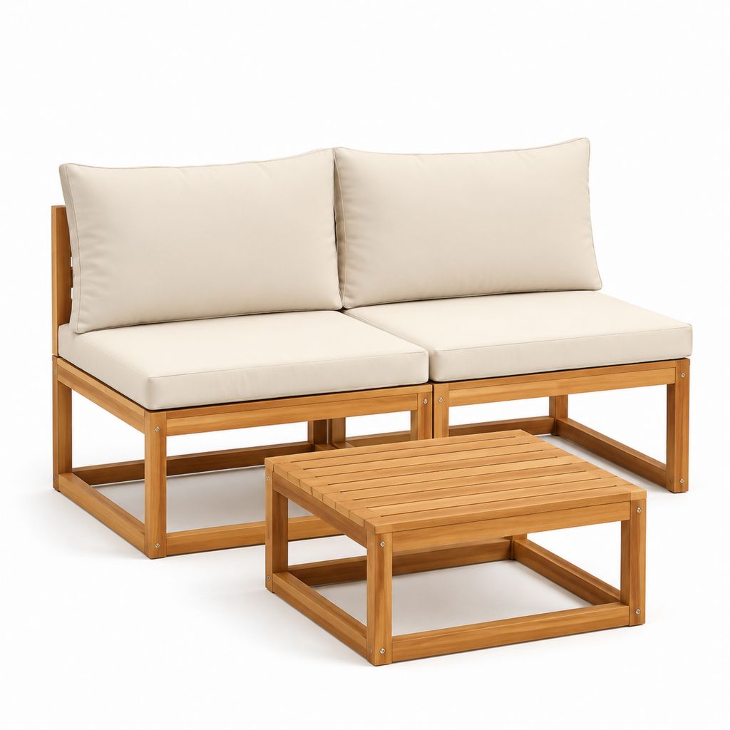 Ensemble canapé de jardin 2 places en acacia massif beige rectangulaire 140 x 70 x 65 cm avec table basse 70 x 70 x 30 cm