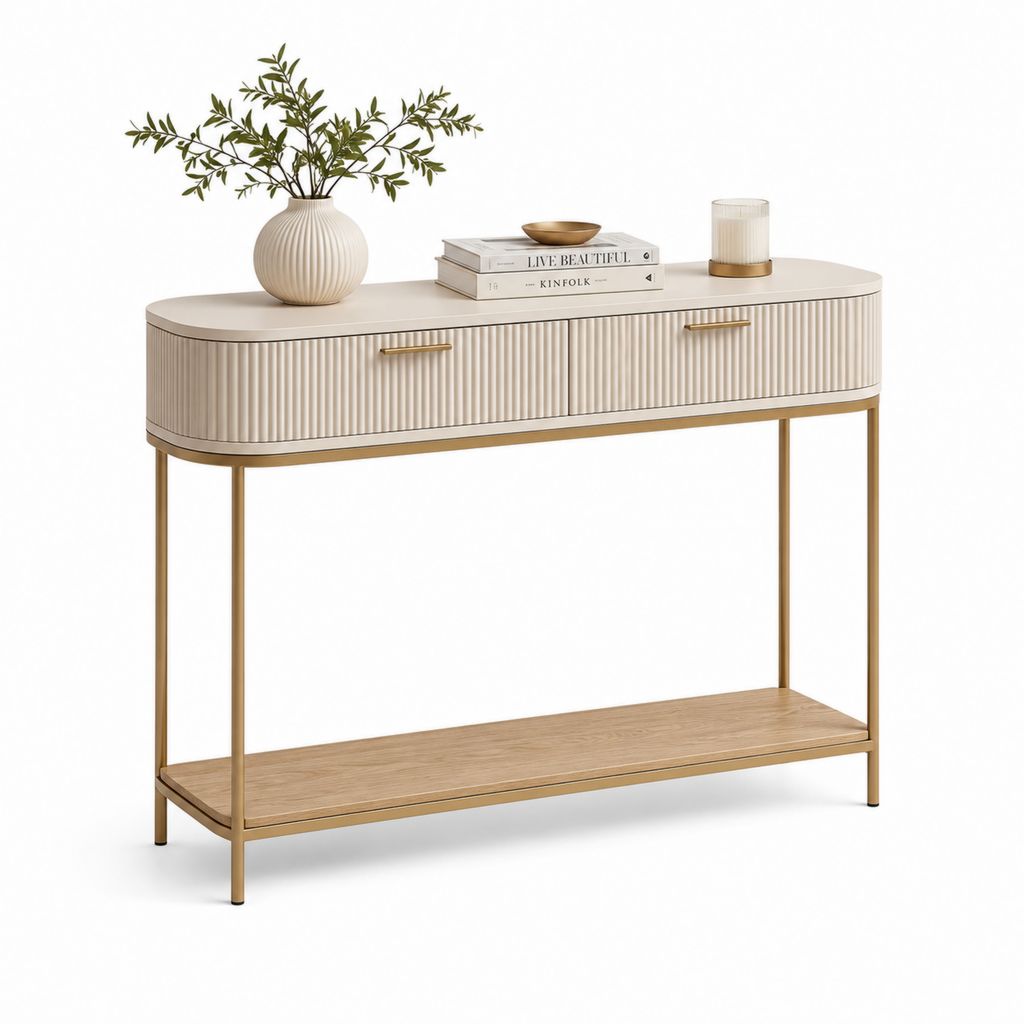 Console d'entrée avec rangement crème et doré en MDF et acier 120 x 35 x 80 cm