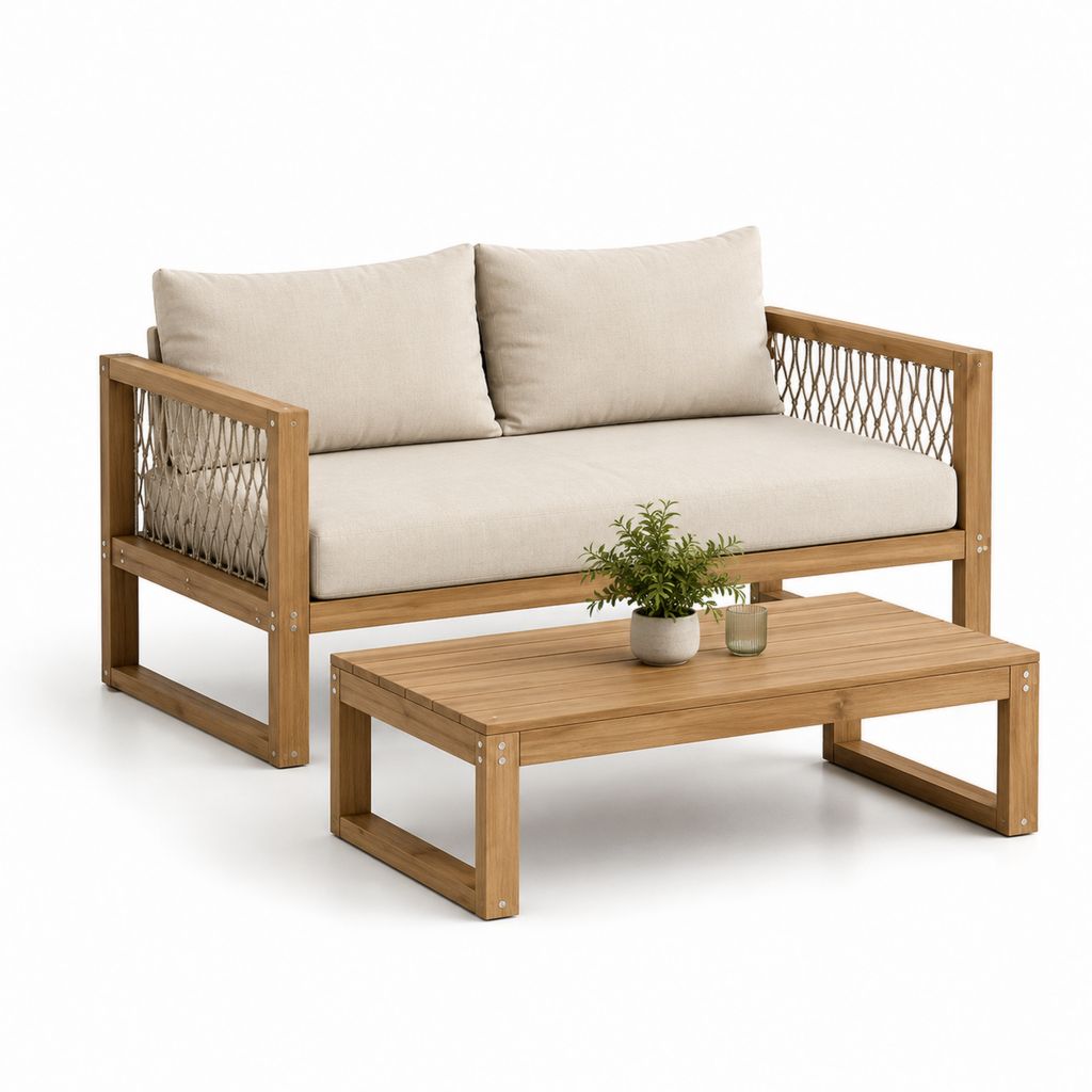 Ensemble salon de jardin 2 pièces canapé 2 places et table basse beige en bois d'acacia et corde PP 130 x 75 x 75 cm