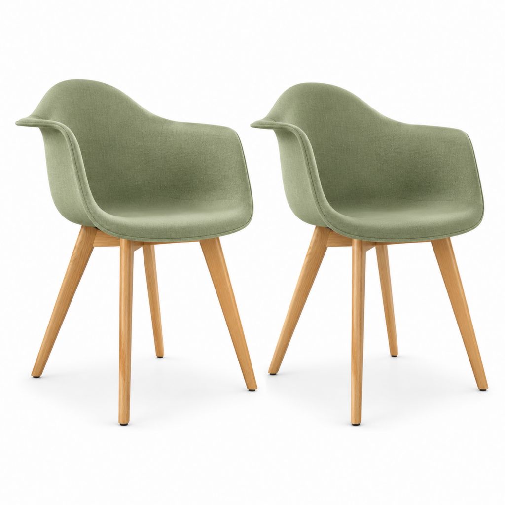 Lot de 2 chaises de salle à manger vert sauge en polyester avec pieds en hêtre massif 55 x 60 x 83 cm
