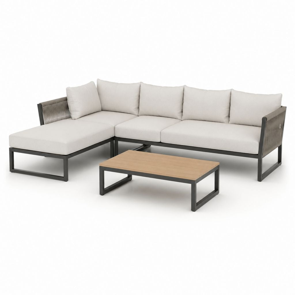 Salon de jardin d’angle 3 places avec table basse beige et anthracite en aluminium et corde 240 x 170 x 70 cm
