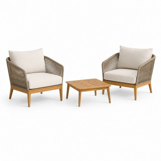 Salon de jardin 2 fauteuils et table basse beige en acacia massif et corde polyester 70 x 75 x 78 cm