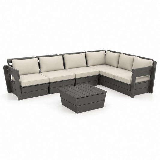 Salon de jardin d'angle 6 places gris anthracite et beige en polyéthylène haute densité avec table basse 260 x 210 x 83 cm