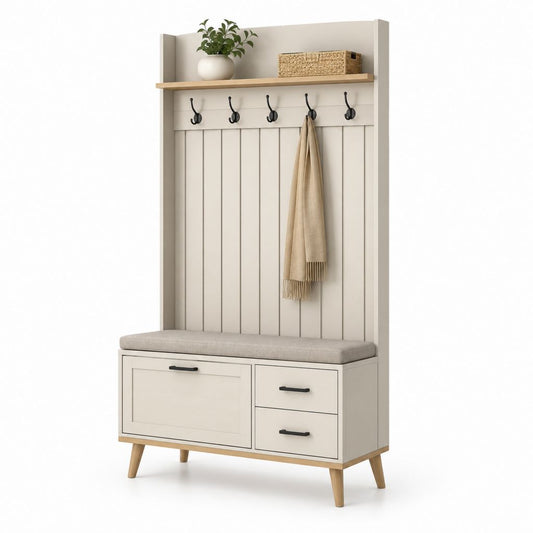 Vestiaire d'entrée avec banc à chaussures blanc cassé et chêne clair en MDF 100 x 40 x 190 cm