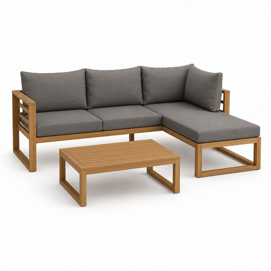 Salon de jardin d’angle 3 places avec table basse gris anthracite en acacia massif 200 x 135 x 65 cm