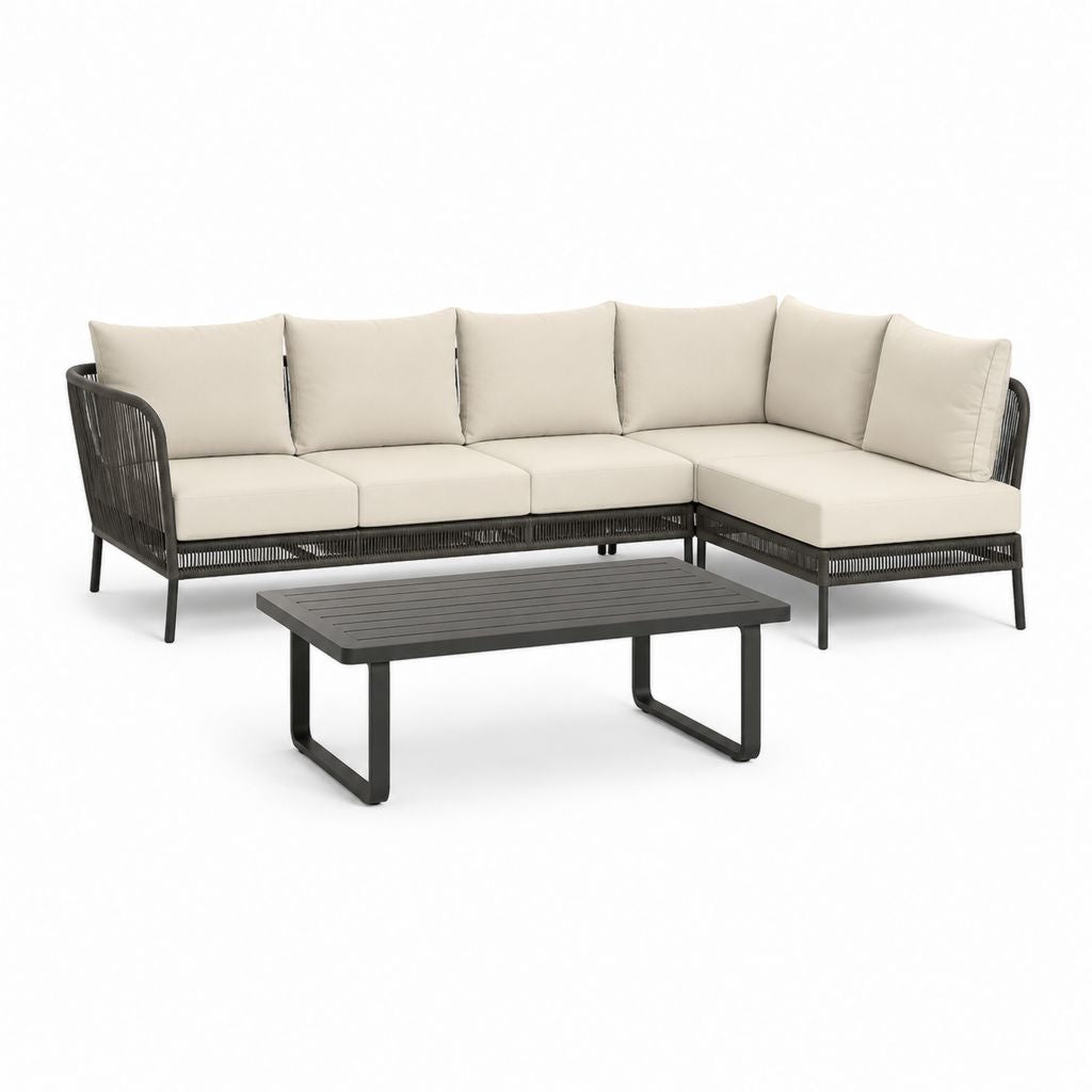 Salon de jardin d'angle 5 places noir et beige en aluminium et corde avec table basse 245 x 185 cm