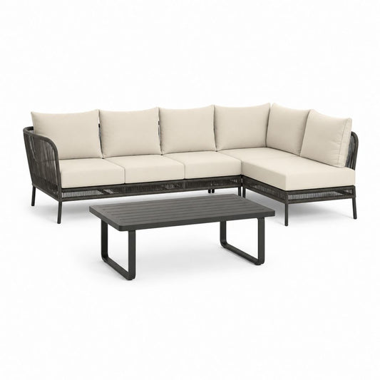 Salon de jardin d'angle 5 places noir et beige en aluminium et corde avec table basse 245 x 185 cm