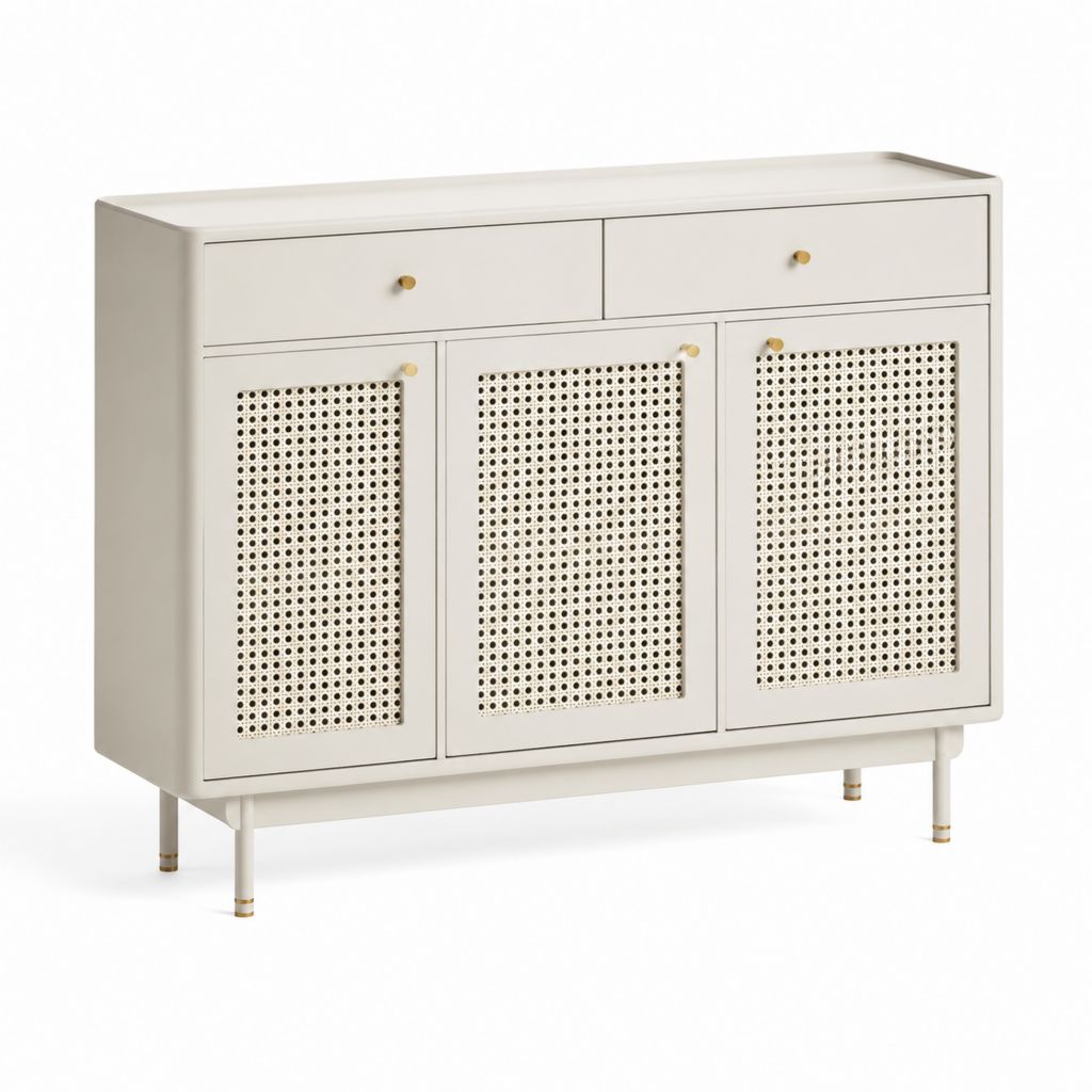 Meuble à chaussures 3 portes et 2 tiroirs blanc en MDF et cannage de rotin 120 x 40 x 90 cm