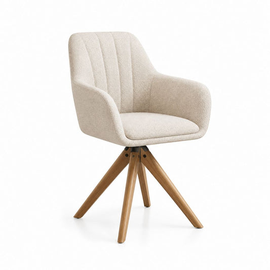 Chaise de salle à manger pivotante beige en polyester avec accoudoirs et pieds en bois d'hévéa massif 59 x 60 x 83 cm