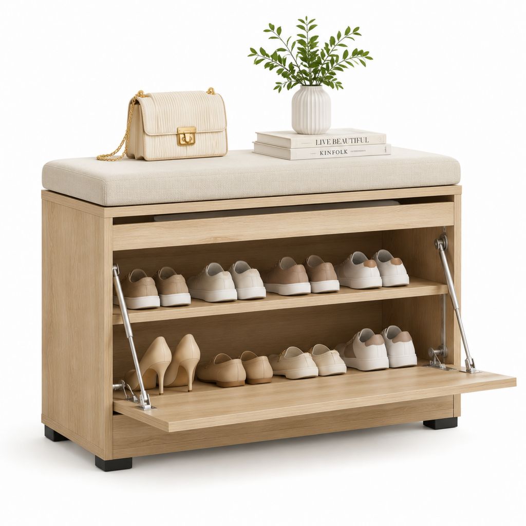 Meuble à chaussures avec banc beige en panneaux de particules mélaminés 100 x 40 x 60 cm
