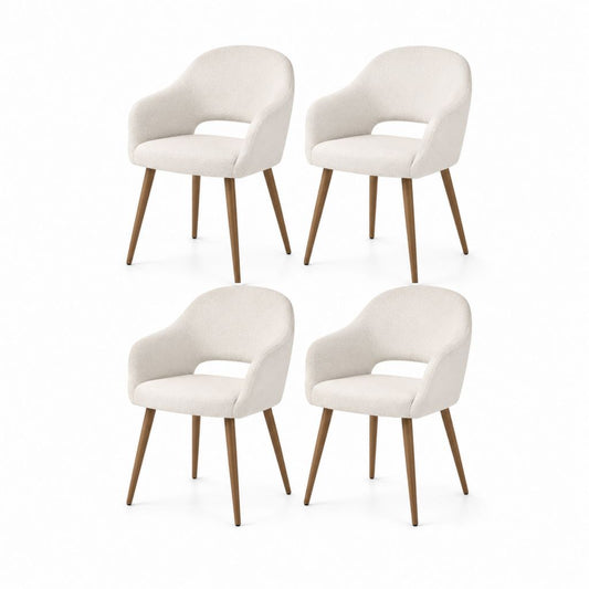 Lot de 4 chaises de salle à manger crème en polyester bouclé avec pieds en hêtre massif 56 x 58 x 82 cm