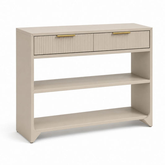 Console de rangement beige en MDF rectangulaire avec 2 tiroirs et 2 étagères 100 x 35 x 85 cm
