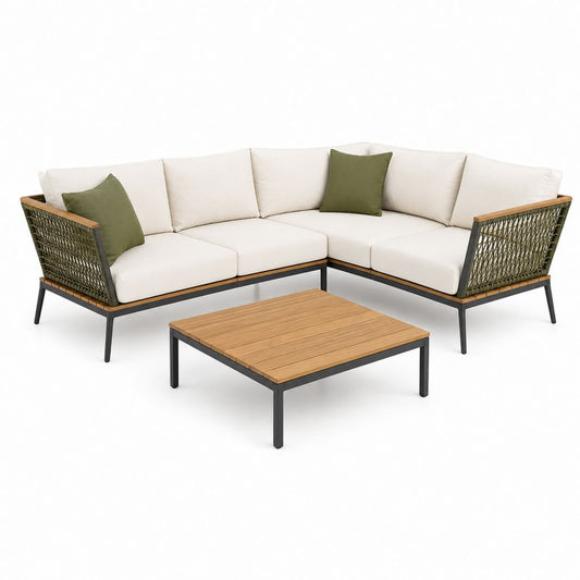 Salon de jardin d’angle 4 places avec table basse rectangulaire beige vert olive acier aluminium bois d’acacia 220 x 220 x 70 cm