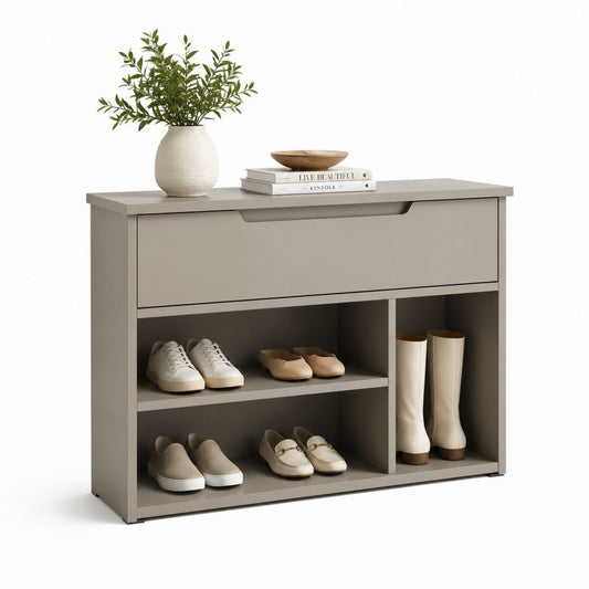 Meuble à chaussures gris taupe en panneaux MDF 100 x 30 x 90 cm avec abattant et 4 compartiments