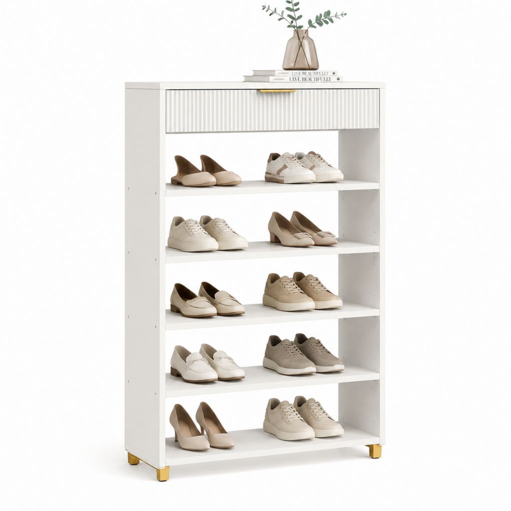 Meuble à chaussures rectangulaire blanc et doré en MDF mélaminé avec 5 étagères et tiroir 80 x 30 x 120 cm