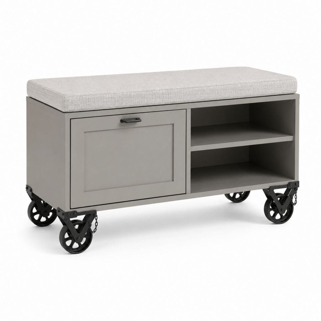 Meuble à chaussures sur roulettes gris en MDF avec assise rembourrée 100 x 40 x 55 cm