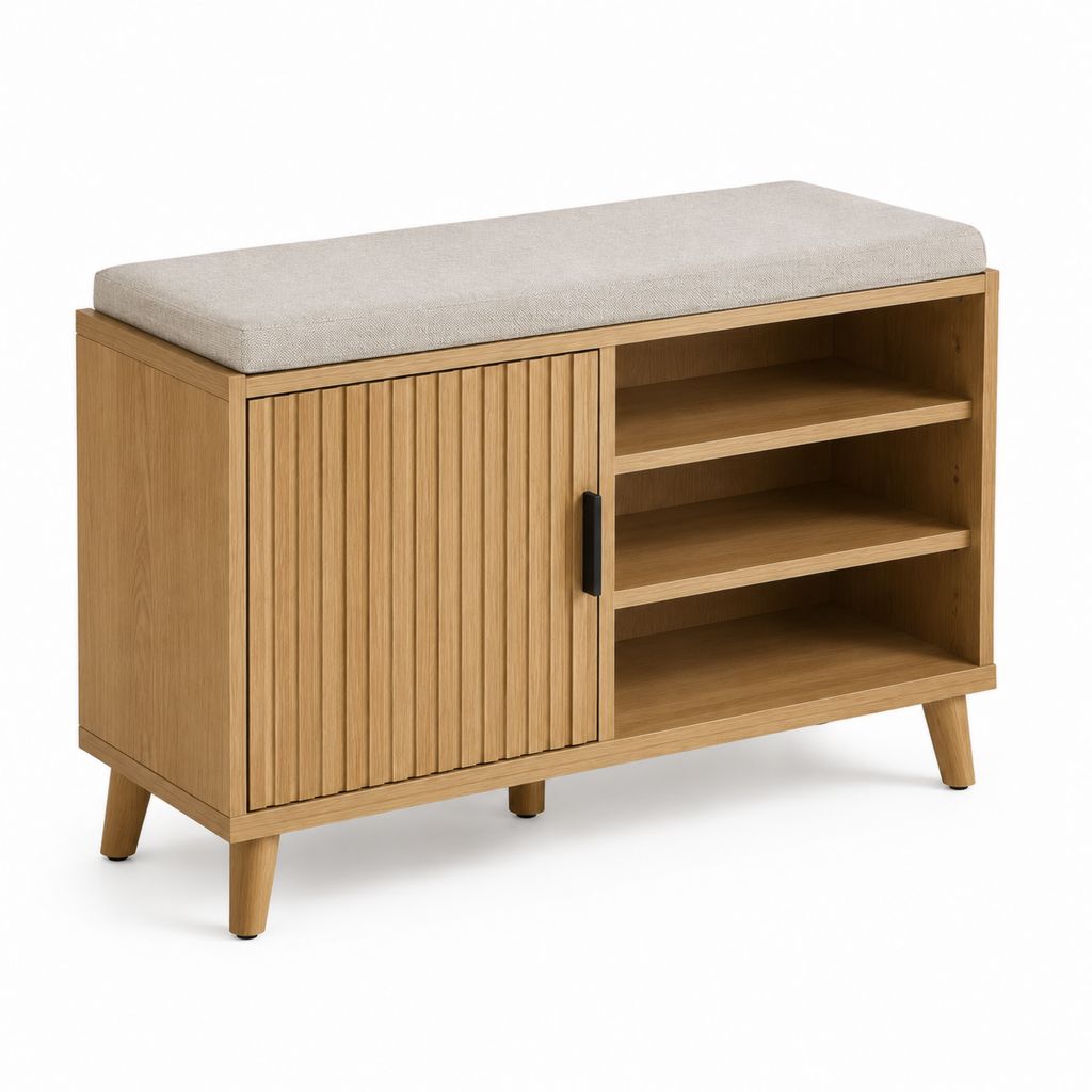 Meuble à chaussures avec banc beige en MDF plaqué chêne 100 x 35 x 50 cm